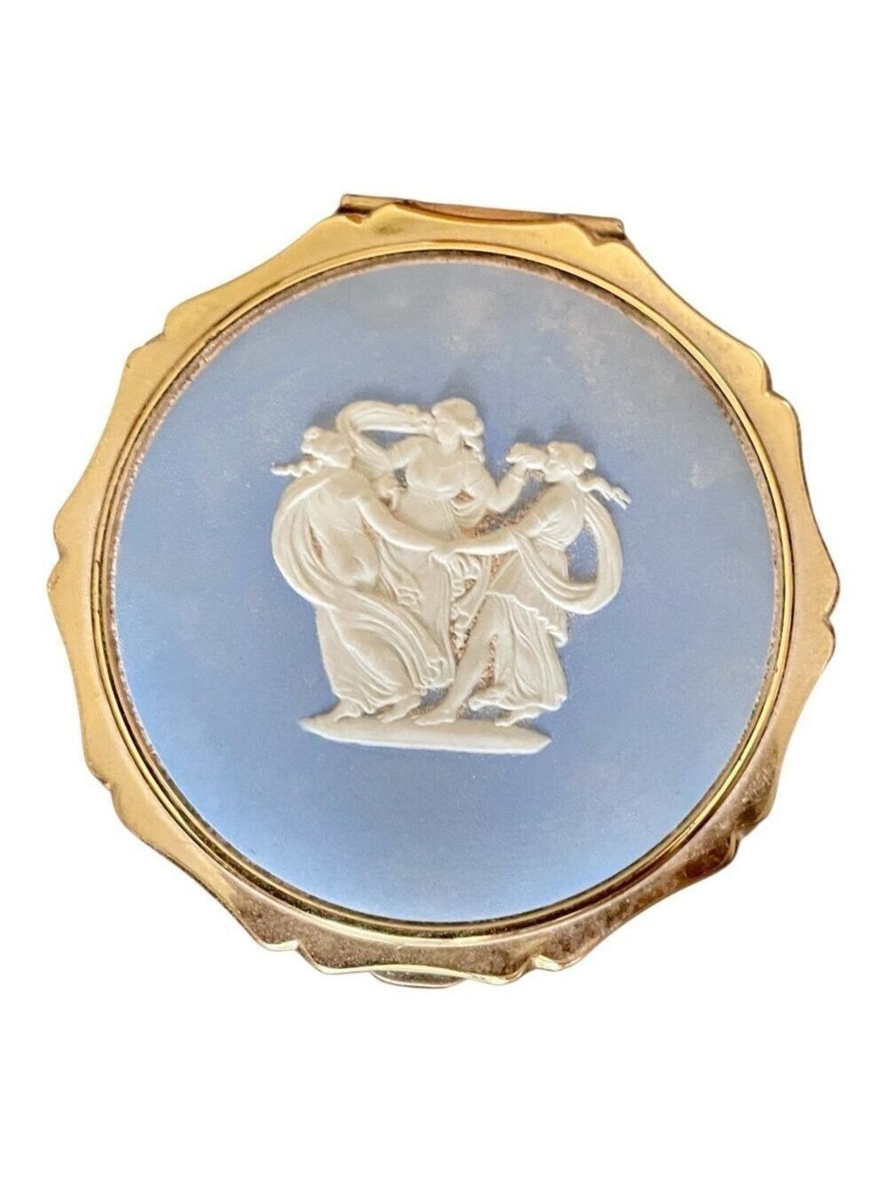 Vintage Wedgwood Jasperware Stratton Powder Compact, Cameo “Three Sisters”.